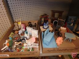 Dollhouse wood furniture and miniature items and framed cross-stitch, mirror and prints