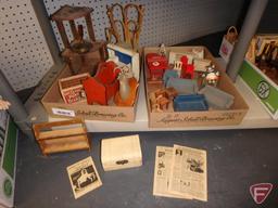 Dollhouse wood furniture and miniature items. Contents of 4 boxes/shelf.