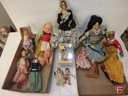 Vintage dolls, some Asian, porcelain, plastic and fabric, Silvestri porcelain doll in box,