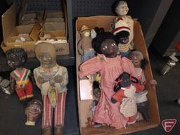 Doll clothing, hair, accessories, porcelain heads/limbs, and Black Americana dolls and parts.