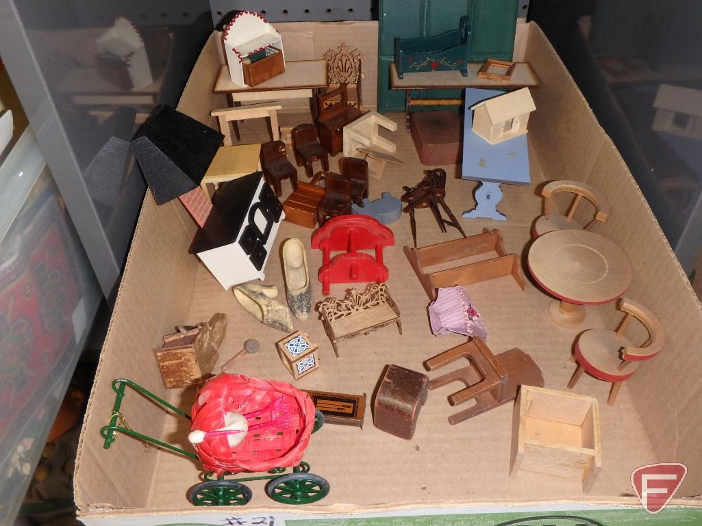 Doll/miniature items, furniture, decorations, carts, baskets.