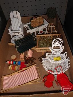 Doll/miniature items, furniture, decorations, carts, baskets.