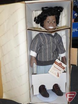 The Little Rascals Buckwheat doll in box, 14inH, bunny and witch decorative dolls,