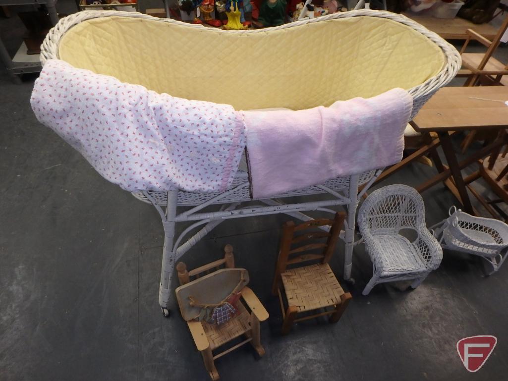 Vintage wicker bassinet, baby/doll blankets, wood/wicker doll furniture and wood swing,