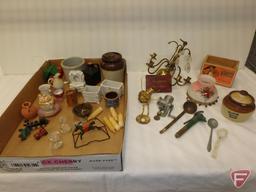 Miniature/doll items, chandelier with candles, crocks, spring horse, porcelain dressers, grinder,