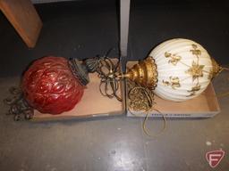 Vintage hanging glass/metal lamps, red/orange and ivory/gold. Both