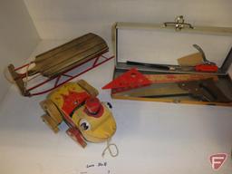 Vintage toys, pull-behind wood train pieces, red engine is 9in long, metal tool chest with tools,