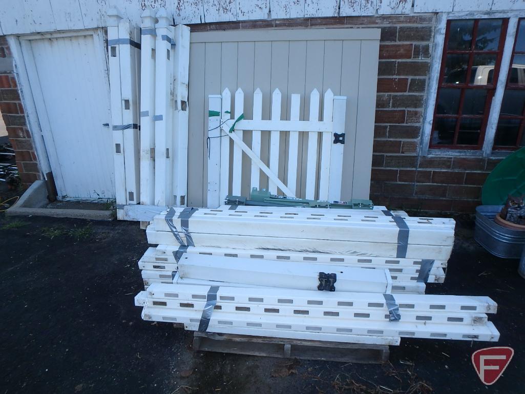 Asst. used white poly fencing and unused tan gate kit