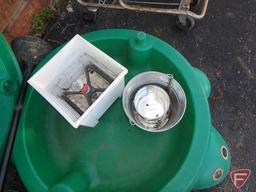 Child's turtle covered sandbox, galvanized tub and pail, milk can, shopping cart, flower pots,