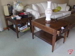 Vintage Mersman wood (2) end tables and coffee table, purchased 1962, and table lamp 35inG,