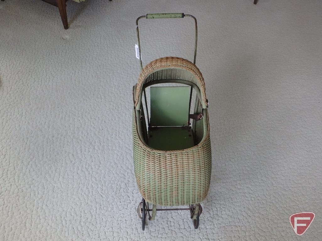 JC Penney's vintage Mary Lu Doll Cart and open-mouth doll with sleeping eyes and doll clothing.