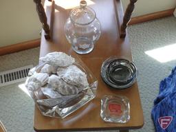 (2) wood end tables, (2) metal based table lamps 30inH, collection of seashells, and