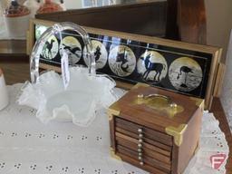 Vintage shadow picture strip 19inL, white glass ruffled basket, wood coasters, porcelain frames,