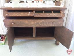 Vintage wood buffet/storage cabinet with 3 drawers, 2 doors, and mirror back. 53inHx50inWx21inD