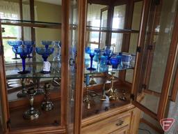 Blue glass vases, stemware, and votive holders, mugs, and brass figurines, candle holders,