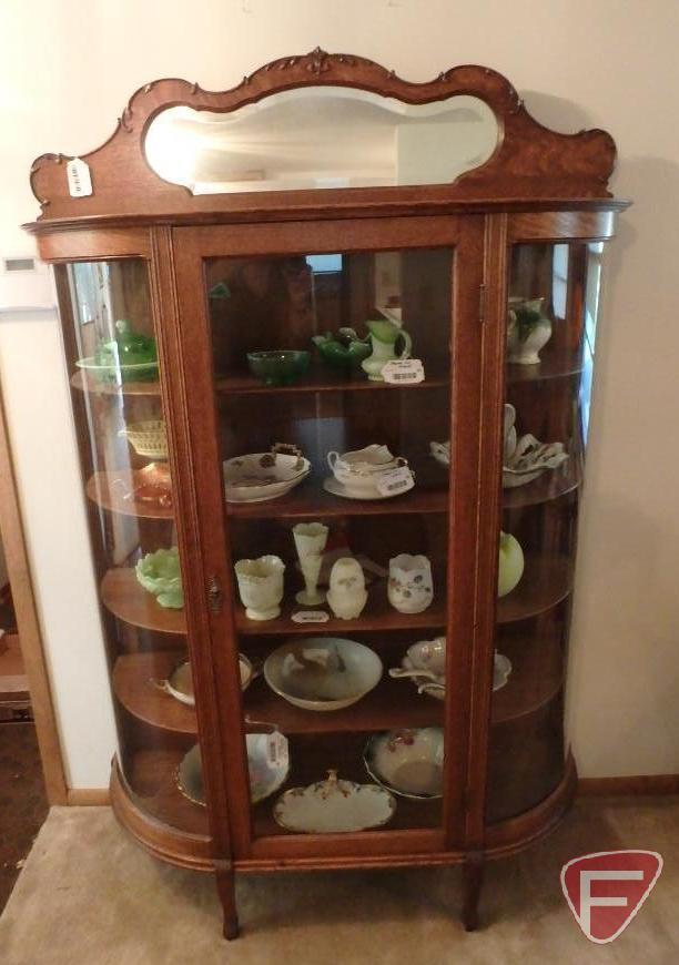 Vintage wood and glass curio cabinet, 4 wood shelves, one glass door, mirror top