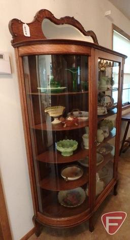 Vintage wood and glass curio cabinet, 4 wood shelves, one glass door, mirror top