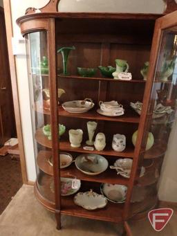 Vintage wood and glass curio cabinet, 4 wood shelves, one glass door, mirror top