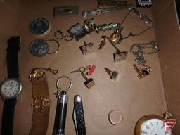 Tie tacks and bars, cufflinks, bolo, wrist watch, ring, pocket knife