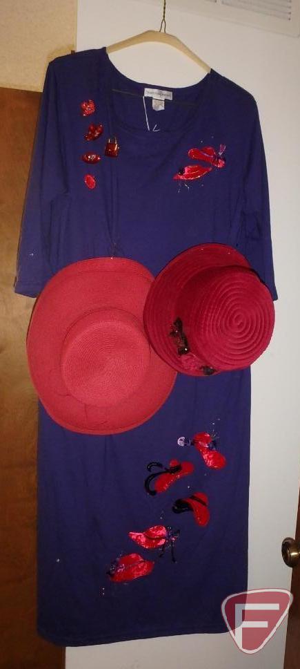 Red Hat Society dress, hats, and pins. Dress is size XL.