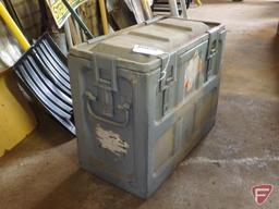 Large metal ammo container with 3 orange cones and tie downs and trailer bolts