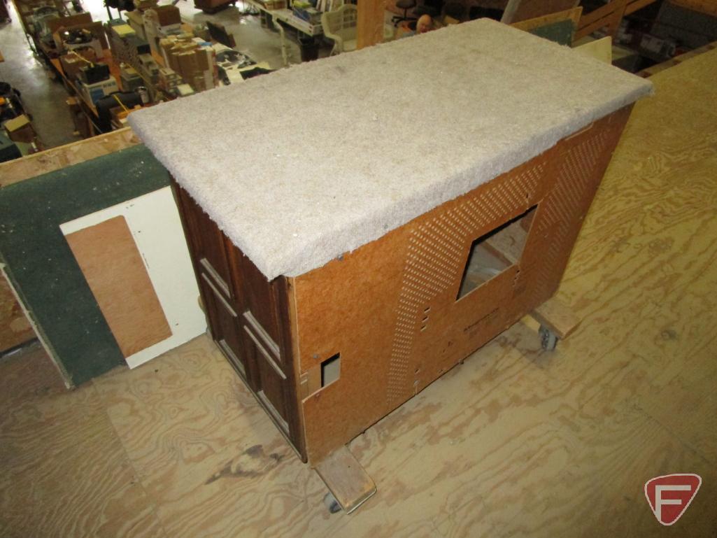 (12) Vintage wooden television case, converted to rolling shop carts with carpeted work area