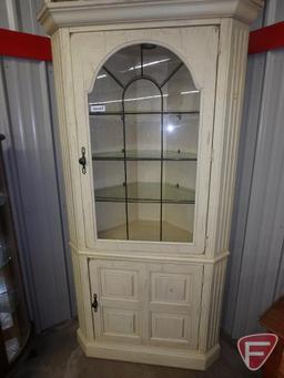 Wood corner display cabinet, lighted, glass door, 3 adjustable glass shelves, bottom wood door