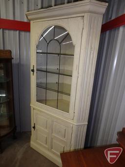 Wood corner display cabinet, lighted, glass door, 3 adjustable glass shelves, bottom wood door