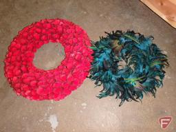 Bed and table linens and (2) decorative wreaths