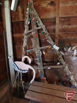 Wood folding benches, cut-out painted wood reindeer, wood tree with lights, cut-out flamingo,