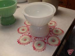 White Fire King swirl nesting bowl set with pink doily.