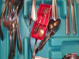 Assortment of silverware, not matching, potholders, knives, kitchen utensils. All 4 drawers