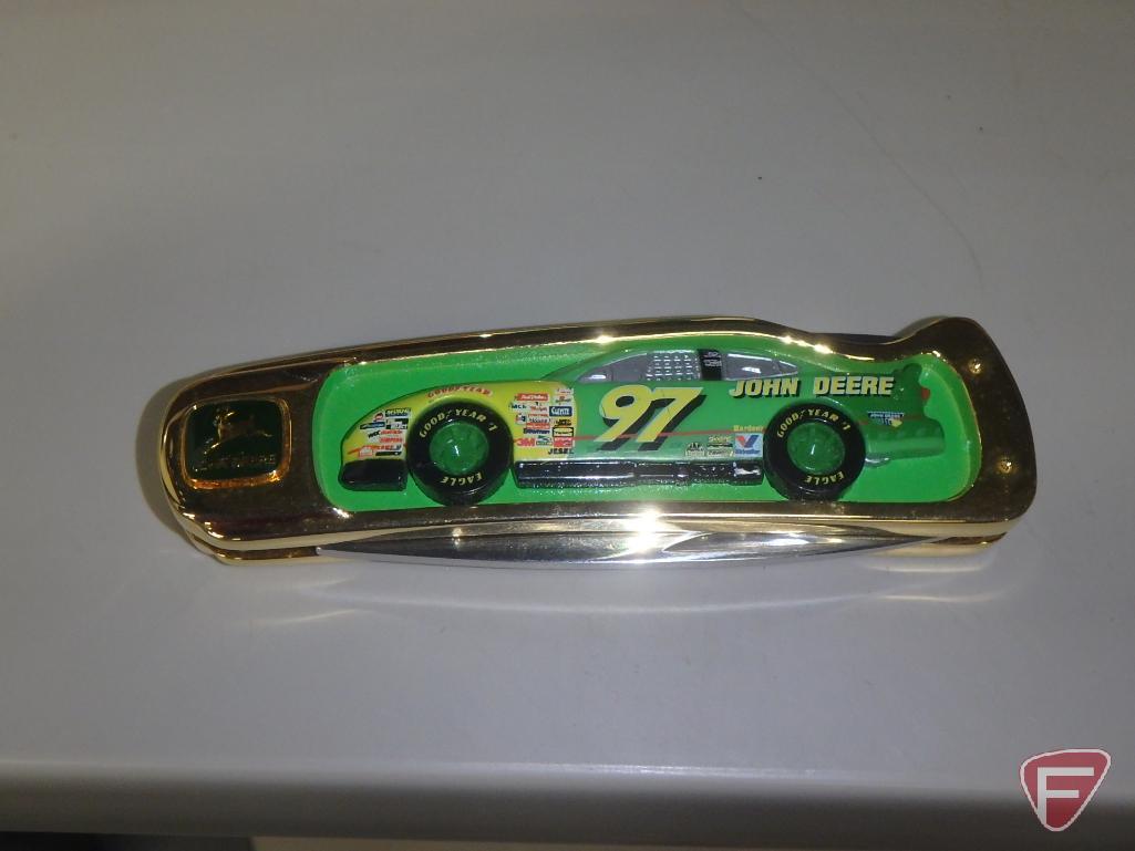 (2) replica John Deere stock cars in collector cases with driver autographs on placard, 1:18