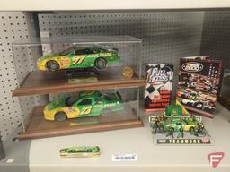 (2) replica John Deere stock cars in collector cases with driver autographs on placard, 1:18