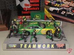 (2) replica John Deere stock cars in collector cases with driver autographs on placard, 1:18