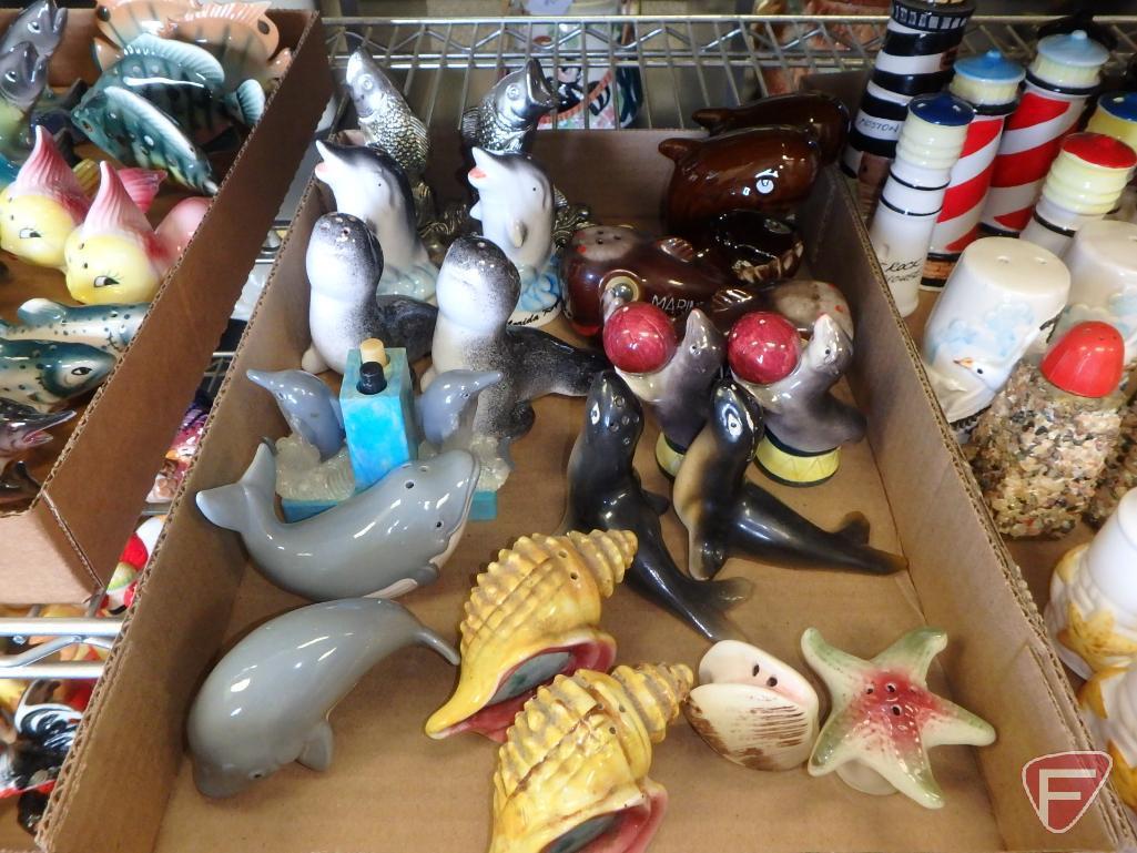 Salt /Pepper shakers; seashells, lighthouses, mermaids, (3) boxes