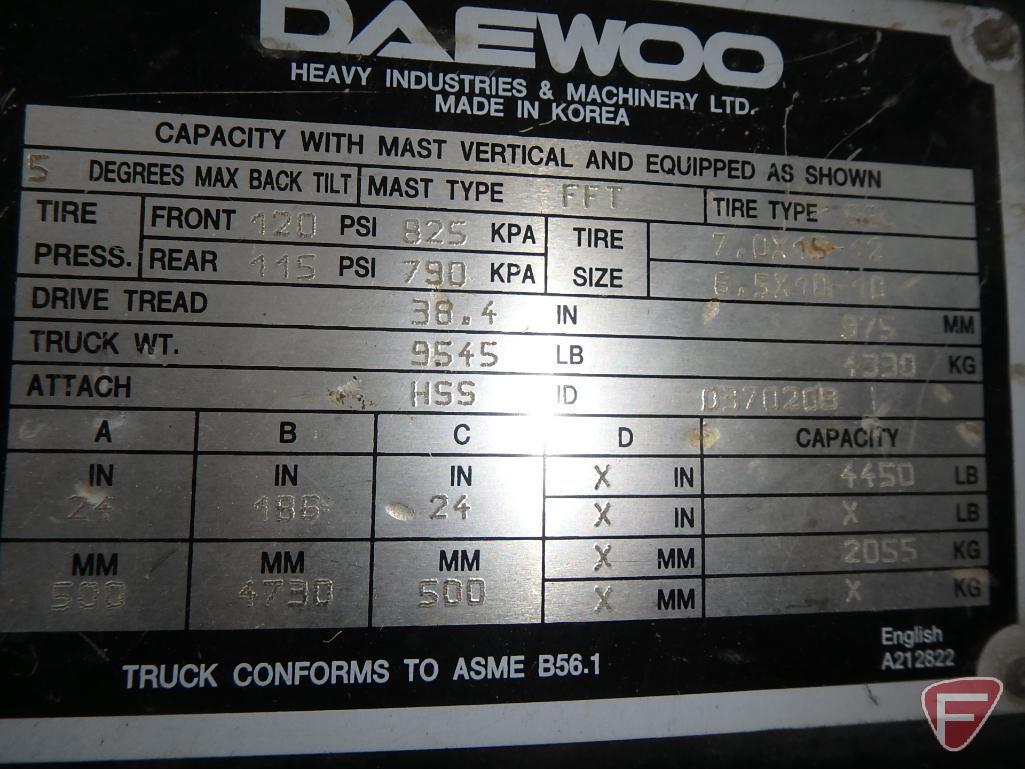 Daewoo G25E LP forklift, SN: GA-00731, 1,889 hrs showing