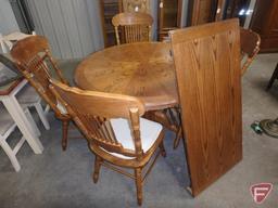 Wood 48in round pedestal table with claw/ball feet, 24in leaf and (4) matching wood chairs,