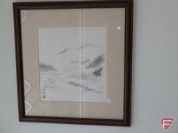 Oriental themed items with (2) framed pictures.