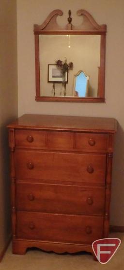 Wood 4 drawer dresser with matching hanging mirror. Dresser 45inHx34inWx20inD, mirror 31inH. 2 pcs