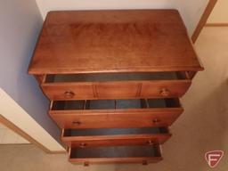 Wood 4 drawer dresser with matching hanging mirror. Dresser 45inHx34inWx20inD, mirror 31inH. 2 pcs