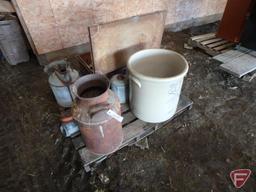 Red Wing 20 gallon crock, hairline crack in base, milk can, galvanized buckets