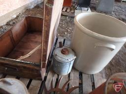 Red Wing 20 gallon crock, hairline crack in base, milk can, galvanized buckets