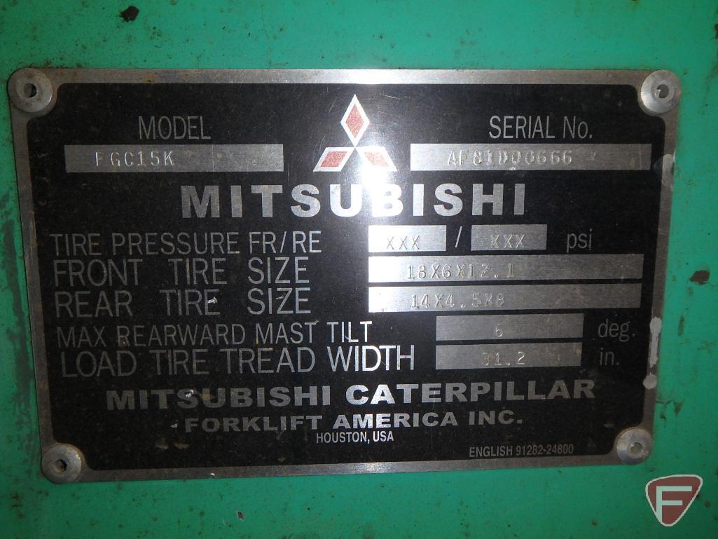 Mitsubishi FGC15K LP gas forklift, 7565hrs showing, 83/188 triple stage mast, full free lift