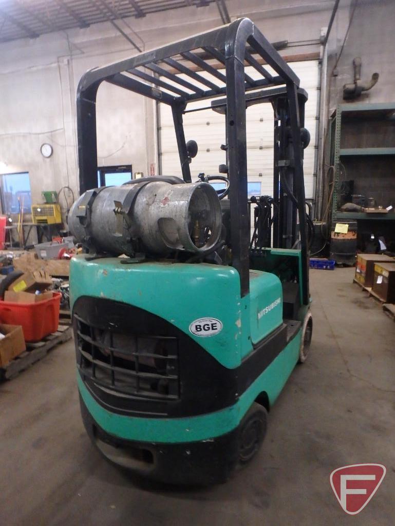 Mitsubishi FGC15K LP gas forklift, 7565hrs showing, 83/188 triple stage mast, full free lift