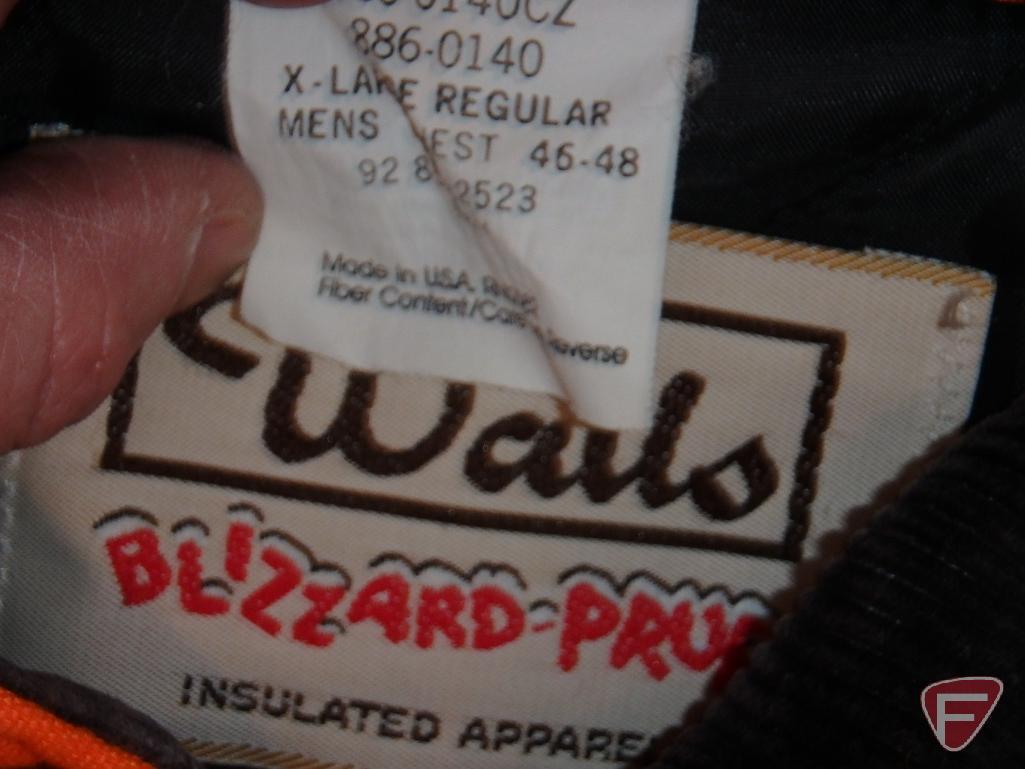 Hunting insulated coats and coveralls, LL Bean wool bibs, most are size XL