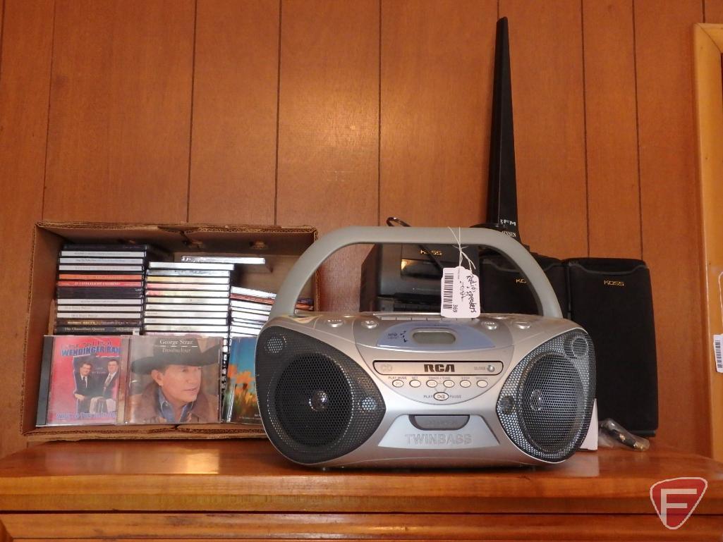 RCA portable stereo, Koss speakers and radio, Jensen antennae, CDs