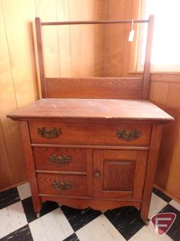 Washstand/commode 33"w x 20"d x 52"h, Seth Thomas clock has some stains, vintage frame