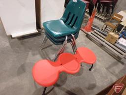 Child's red plastic toy bench and (3) stackable plastic chairs