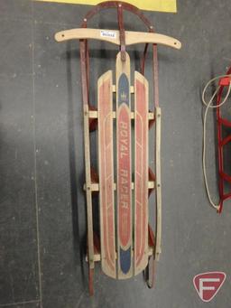 (2) wood sleds with metal runners, largest is Royal Racer 54inL. Both